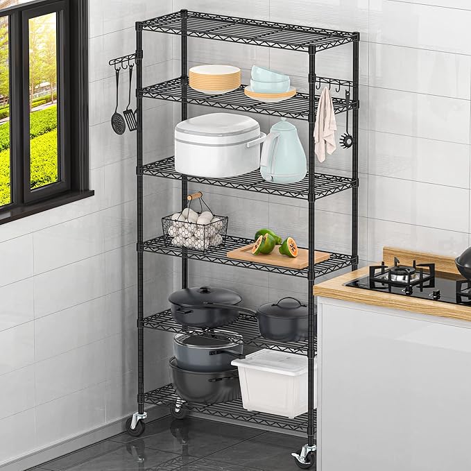 6 Tier Storage Shelves with Wheels Heavy Duty Wire Rolling Shelving Rack Organizer Garage Metal Steel Unit Adjustable Utility Commercial Sturdy Shelves for Kitchen Pantry Bathroom Closet Laundry