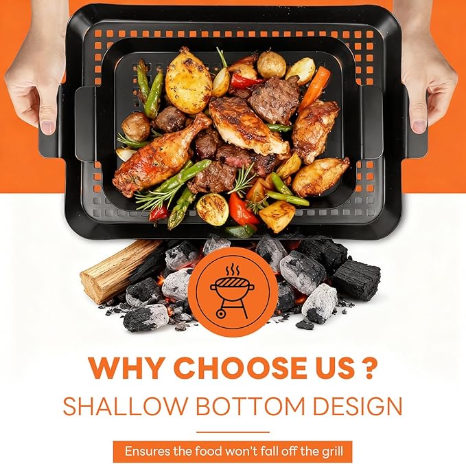 2PCS Grill pan: Grill pan for outdoor grill - Non-stick enamel coating grill topper suitable for camping, picnic, party