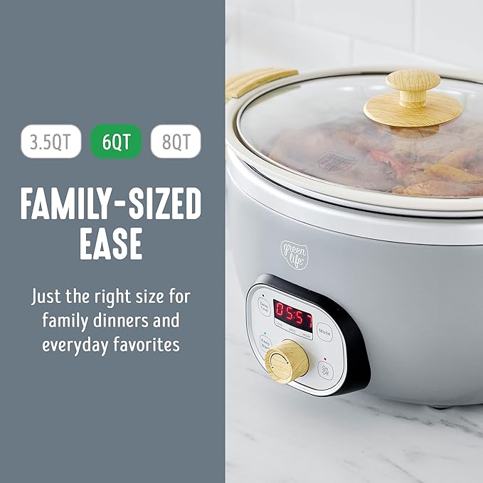 GreenLife 6QT Slow Cooker, Non-Toxic PFAS-Free Ceramic Nonstick Removable Interior Bowl, Programmable, Family Friendly, Keep Warm, Stovetop & Oven Safe, Dishwasher Safe Crock, Timer, Glass Lid, Gray