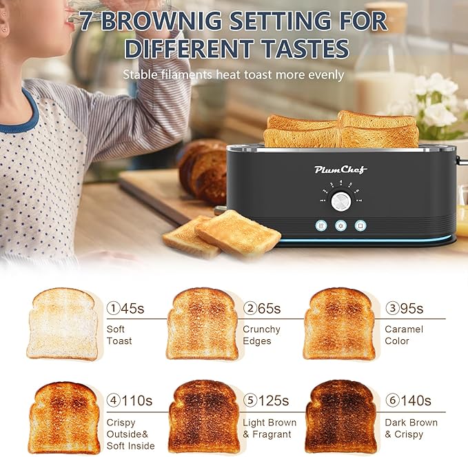 4-Slice Toaster, 7 Browning Settings, Defrost/Reheat Functions, Removable Crumb Tray, Full body Stainless Steel Housing 1350W ，Anti-Fingerprint & Anti-Jam,(1, Black)