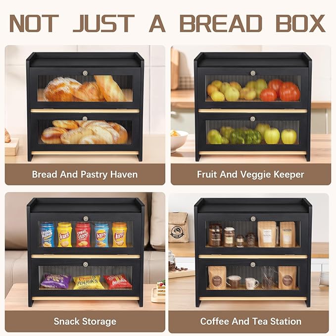 Bread Box For Kitchen Countertop, Black Breadbox, Bread Boxes for Kitchen Counter Organizer Decor Storage, Wooden Storage Box Breadbox, Housewarming Birthday Wedding Christmas Gift
