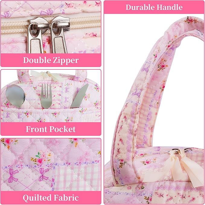 Quilted Lunch Box for Women,Cute Purple Patchwork Lunch Bags for Work, School,Office,Picnic,Travel(purple pin)