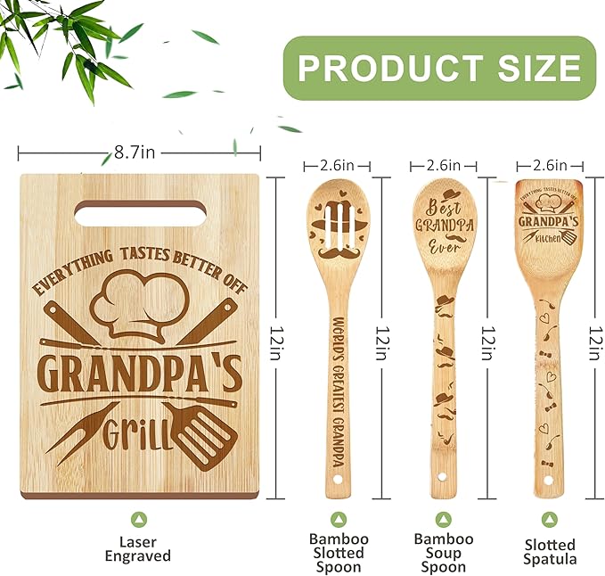 Grandpa Gifts, Christmas Grandpa Gifts from Grandkids, Wooden Cutting Board Utensils Set with Apron Grandparents, Fathers Day Birthday Kitchen Set