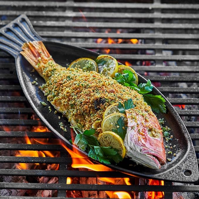 Sur La Table Cast Iron Fish Pan – Pre-Seasoned Grill-to-Table Cookware for Whole or Filleted Fish, Decorative Shape, Even-Heating, Outdoor Grill