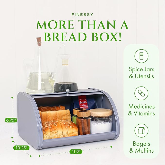 FINESSY Modern Metal Bread Box for Kitchen Countertop, Farmhouse Homemade Loaf Bread Storage Bin Holder for Kitchen Counters Organizer, Airtight Roll Top Sourdough Corner Breadbox Container Keeper