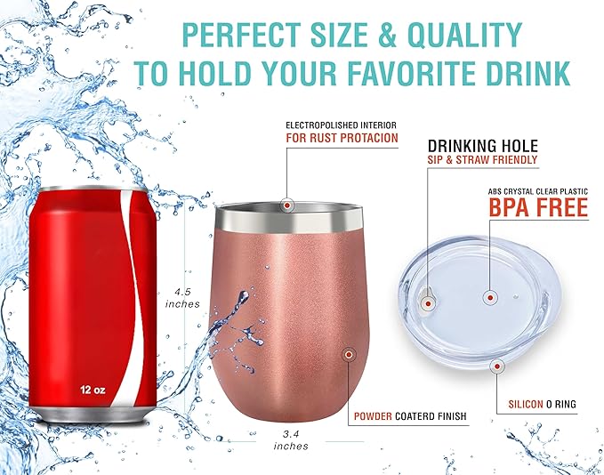 CHILLOUT LIFE 12 oz Stainless Steel Wine Tumblers 2 Pack - Double Wall Vacuum Insulated Wine Glasses Cups with Lids and Straws Set Keeping Cold & Hot for Coffee, Beer, Ice Cream - Rose Gold