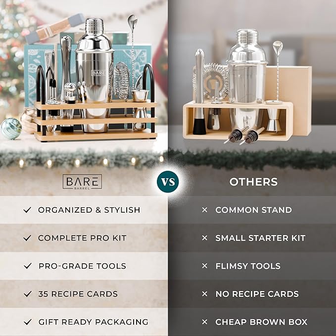BARE BARREL® Mixology Bartender Kit Bar Set | 14-Piece Cocktail Shaker Set | Martini Barware Mixing Tools for Home Bartending | 35 Recipe Cards | Gift Set (24oz Cobbler Shaker, Silver/Natural)