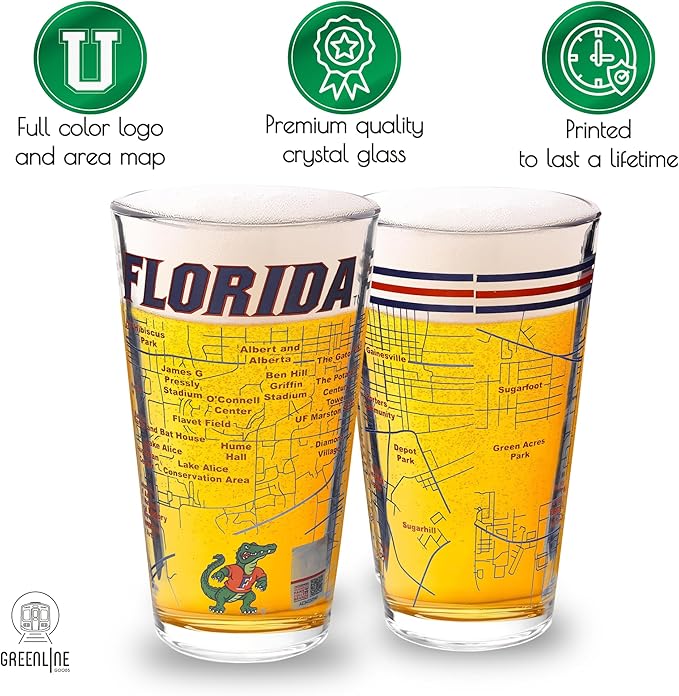 Greenline Goods – University of Florida Gators College Pint Beer Glasses (Set of 2), 16 oz – Full-Color Logo + Campus Map