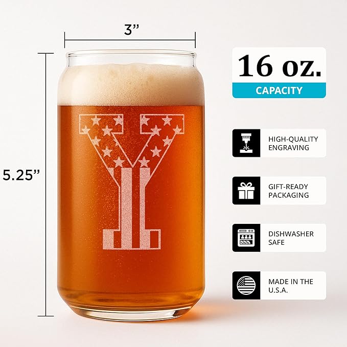 Monogram Beer Glasses for Men (A-Z) 16 oz - Beer Gifts for Men Brother Son Dad Neighbor - Unique Gifts for Him - Personalized Drinking Gift Beer Glass Mugs - Engraved Beer Can Glass (Y)