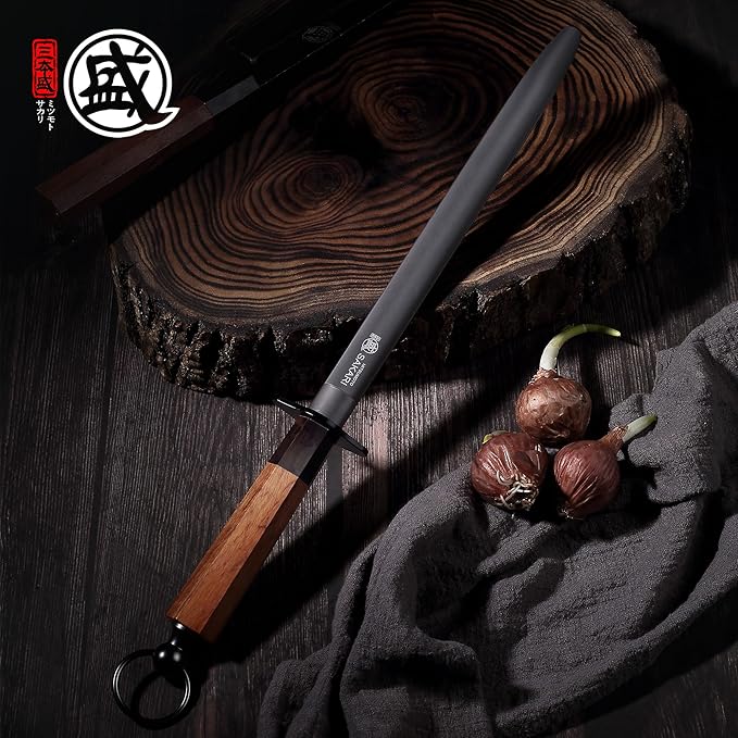 MITSUMOTO SAKARI 12 Inch Knife Sharpener Rod, Flat Honing Rod, High Carbon Honing Steel