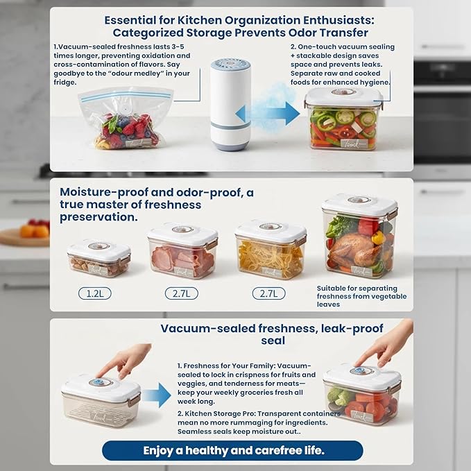 Vacuum Container,Vacuum Seal Containers,4pcs Airtight Food Storage Containers with Lids,8pcs Food Vacuum Bags/ 1pc Automatic Pump, Marinade and Keep Food Fresh with Time Dial, BPA Free(Square)