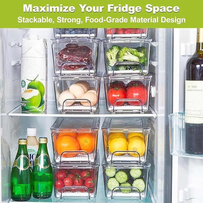 Pull Out Fridge Organizer Drawer, Stackable Refrigerator Storage Bins with Drain Tray and Lid, Clear Fruit and Vegetable Storage Containers Box, for Kitchen Freezer, 2-Pack