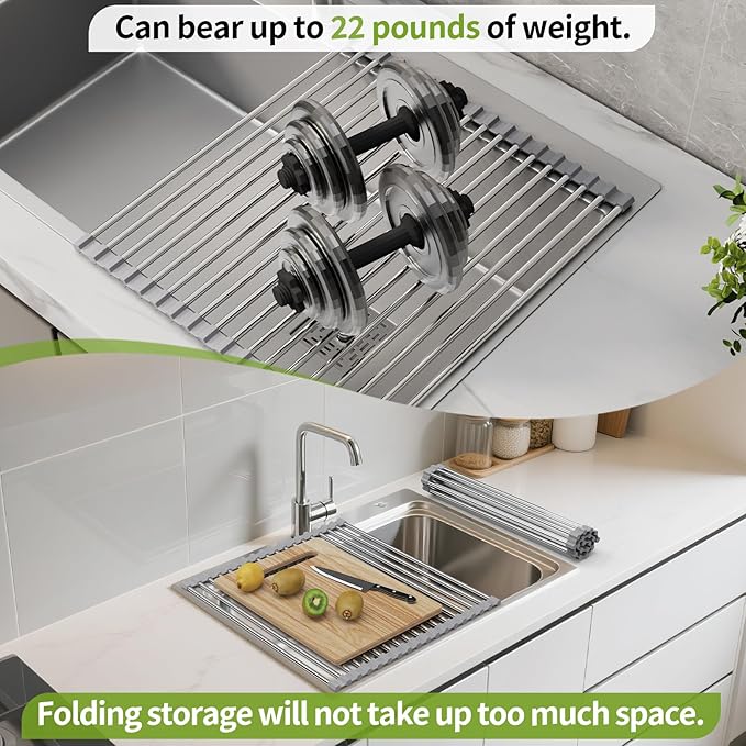 Foldable Over Sink Dish Drying Rack - Stainless Steel Sink Drain Rack with Silicone Edges, Roll-Up Storage for Kitchen, RV, Dorm Sinks (18.5×13.7 in)