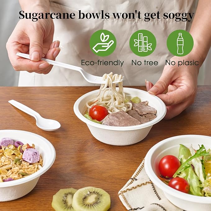 ECOLipak 150 Pack 12 oz Paper Bowls Disposable, Heavy-Duty Biodegradable Compostable Bowls Made of Natural Sugarcane Bagasse, Suitable for Salad, Dessert, Milk, Cereals