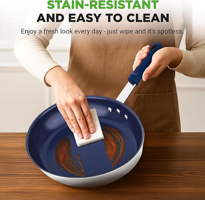 NutriChef 10" Fry Pan With Lid - Medium Skillet Nonstick Frying Pan with Silicone Handle, Ceramic Coating, Blue Silicone Handle, Stain-Resistant And Easy To Clean, Professional Home Cookware