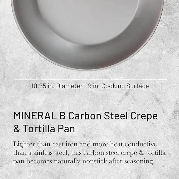 De Buyer MINERAL B Carbon Steel Crepe & Tortilla Pan - 10.25” Diameter, 9” Cooking Surface - Ideal for Making & Reheating Crepes, Tortillas & Pancakes - PFAS, PFOA & PFOS Free - Made in France