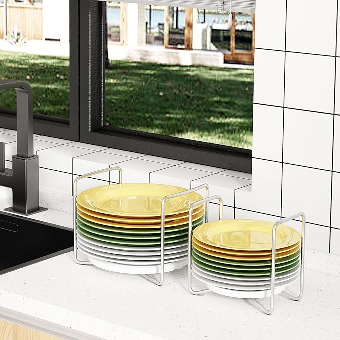 Plate Holder for Kitchen Drawer - 2Pcs White Bamboo Dish Racks for Kitchen Counter - Adjust 6.75" to 12.5" Stainless Steel Plate and Bowl Organizer for Cabinet, RV, Countertop (S&L)