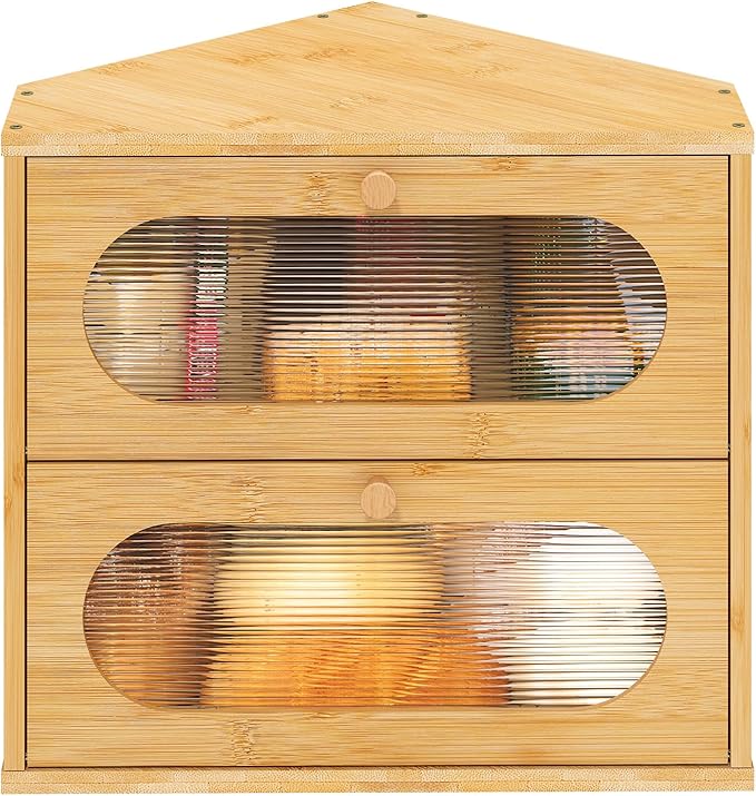 Corner Bread Box for Kitchen Countertop, 2 Tier Corner Bread Box, Bamboo Wood Large Capacity Bread Storage Bin with Acrylic Wavy Door Panel