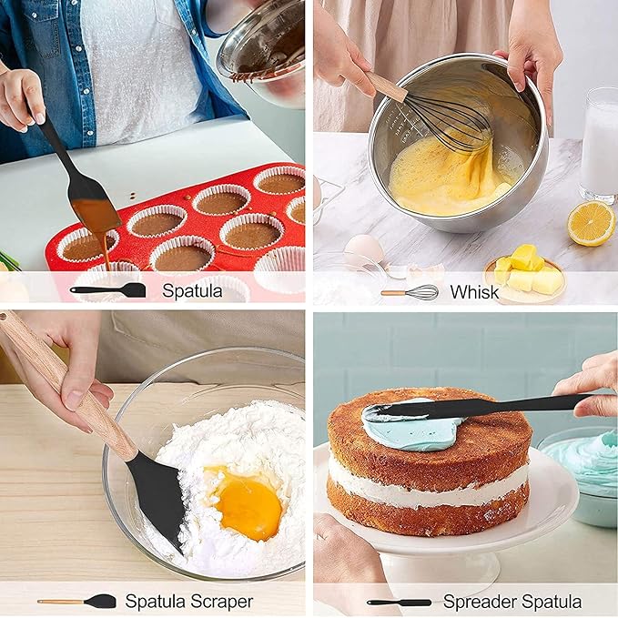 LIANYU 15-Piece Kitchen Silicone Cooking Utensils Set with Holder, Wooden Handle Kitchen Tools Include Spatula Tong Slotted Spoon Turner Whisk Brush, Black