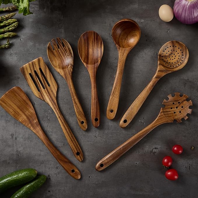 Wooden Kitchen Utensils Set, Teak Wood Cooking Spoons for Non-Stick Pans, 7 Pieces