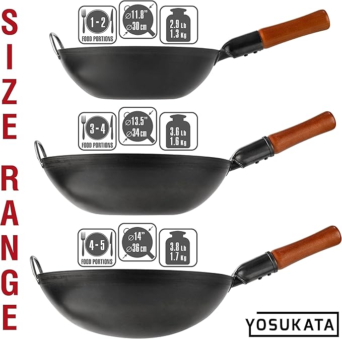 YOSUKATA 14" Carbon Steel Wok with Round Bottom – Pre-Seasoned Pow Wok for Stir Fry – Traditional Chinese Japanese Black Steel Pan – Outdoor Cookware for Gas Stovetops, Open Fire, BBQ, Camping