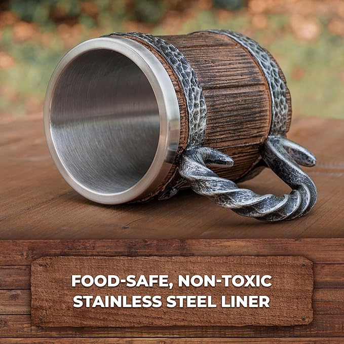 Norse Tradesman Stainless Steel Beer Tankard - 20 oz Tavern Style Mug for Hot or Cold Drinks - Imitation Wood & Iron