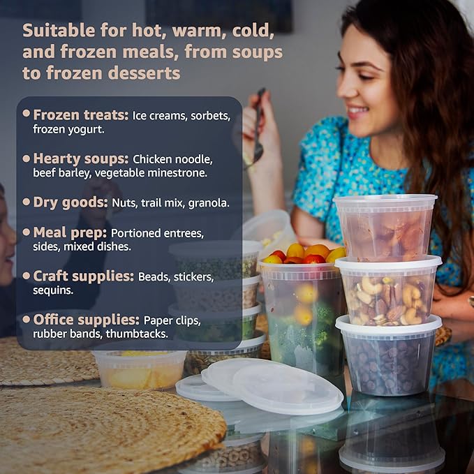 [24 Pack - 32 oz] Plastic Soup Cups Deli Food Storage Containers with Tight Lids Portion Control Non-Spill Stackable Microwaveable Freezer Dishwasher Safe
