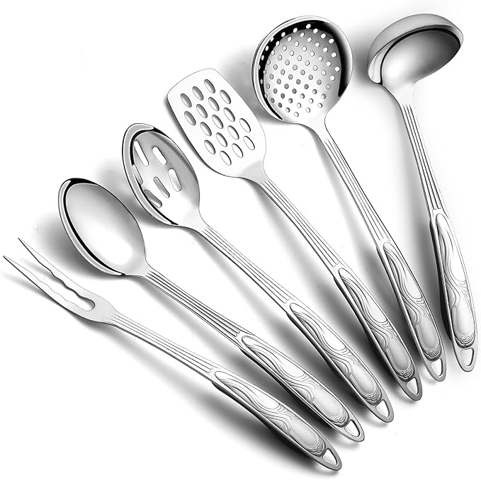 Berglander Stainless Steel Kitchen Utensils Set 6 Pcs, Cooking Utensil Sets, Kitchen Gadgets Essentials Include Metal Spatula Set, Skimmer, Ladle, Serving Spoon, Slotted Spoon, Carving Fork