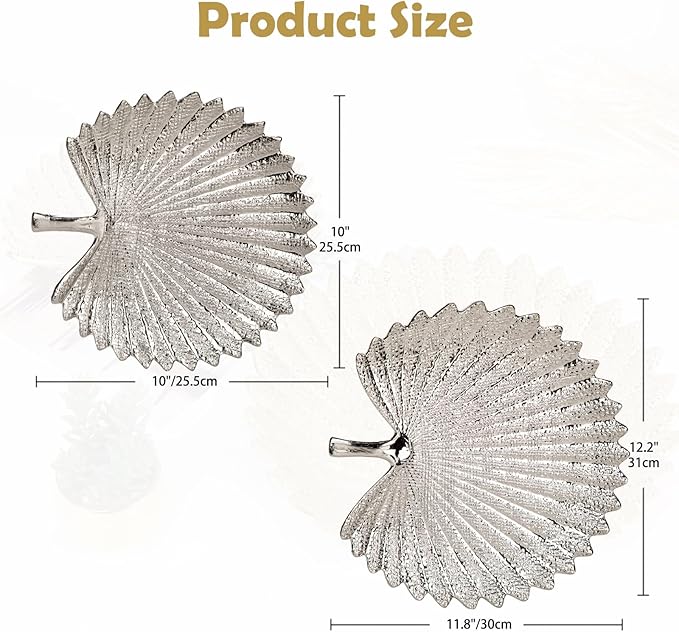 Silver Leaf Decorative Serving Tray for Table Centerpiece 10"+12" Ceramic Leaf-Shaped Trinket Dish, Candle Tray, Vanity Organizer, Coffee Table Decor, Modern Glam Home Decor, Gifts for Women