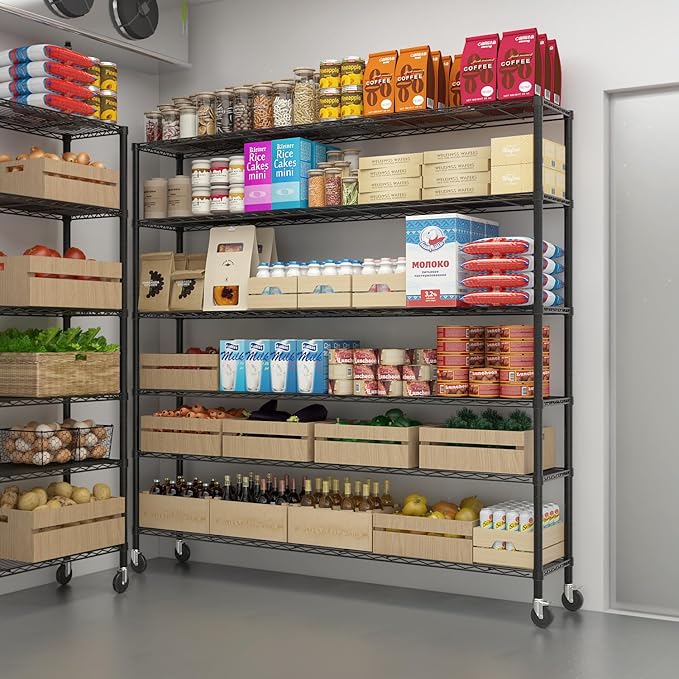 Karl home 6-Tier Adjustable Metal Storage Shelves, Wire Shelving Unit with Wheels & Leveling Feet, Heavy Duty Garage Shelving, Pantry & Kitchen Display Shelf Organizer, Home Storage Rack