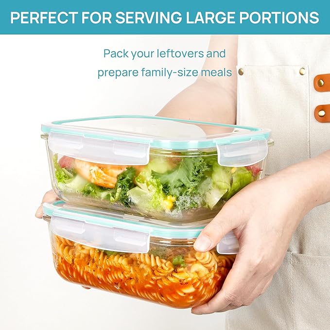 Vtopmart 2Pack 1860ml/63oz Large Glass Storage Containers with Lids, Meal Prep Food Container Set with Snap Airtight Lid for Baking, Microwave, Oven, Leak Proof, for Freezer, Dishwasher, Green