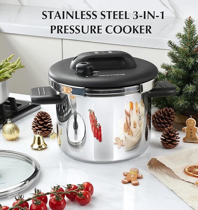 KOCH SYSTEME CS Pressure Cooker Stainless Steel, 6.3 QT Olla de Presion, Easy One-Press Lock, 3 PSI Settings Pressure Cooker, Save 70% Time, Gas & Induction Compatible, Glass Lid & Steamer Rack