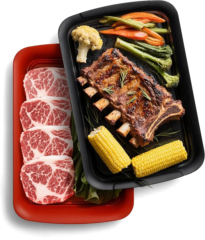 TP Grill Prep and Serving Tray, Deep BBQ Tray for Meat Marinating and Food Plating, Melamine Serving Platters Set of 2, Black and Red