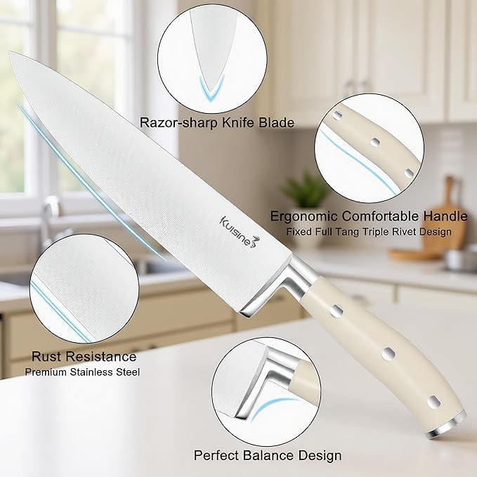 KUISINE Upgraded Knife Set High Carbon Stainless Steel Sharper Blade Ergonomic Handle,Knife Block Set with Built- in Sharpener(Ivory Pro Acacia,15PCS)