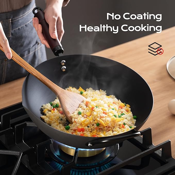 FGJ Wok, 13 Inch carbon steel wok pan with steamer & stir-fry pans nonstick, Pre-Seasoned 5.8QT Flat Bottom Chinese Woks Paella Pan with lid, Carbon Steel Cookware, Compatible with All Cooktops