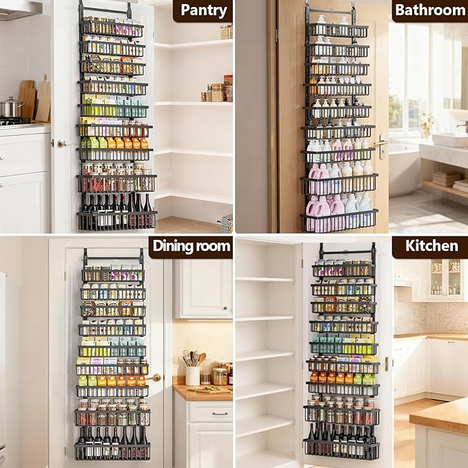 9 Tier Over The Door Pantry Organizer, 2 in 1 Wall Mount or Hanging Spice Rack with Adjustable Basket, Seasoning Organizer and Storage for Kitchen Cabinet Closet Bathroom