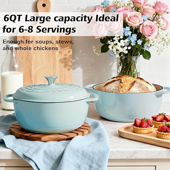 Umite Chef 6QT Enameled Cast Iron Dutch Oven with Lid, Versatile Heavy-Duty Cookware Pot for Baking Bread, Braising, Soups & Stews, Oven & Stovetop Safe with Heat Resistant Gloves（Blue）