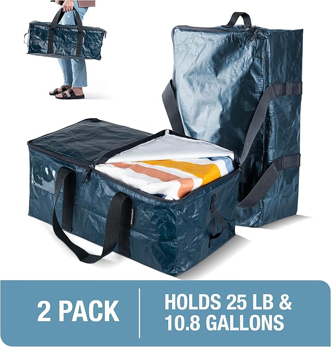 CleverMade Foldable Storage Container Bags, Pack of 2 Heavy Duty Plastic Reusable Oversized Packing, Under Bed or Duffel Storage Bins for Dorm Room Home Utility Laundry Grocery Shopping Travel
