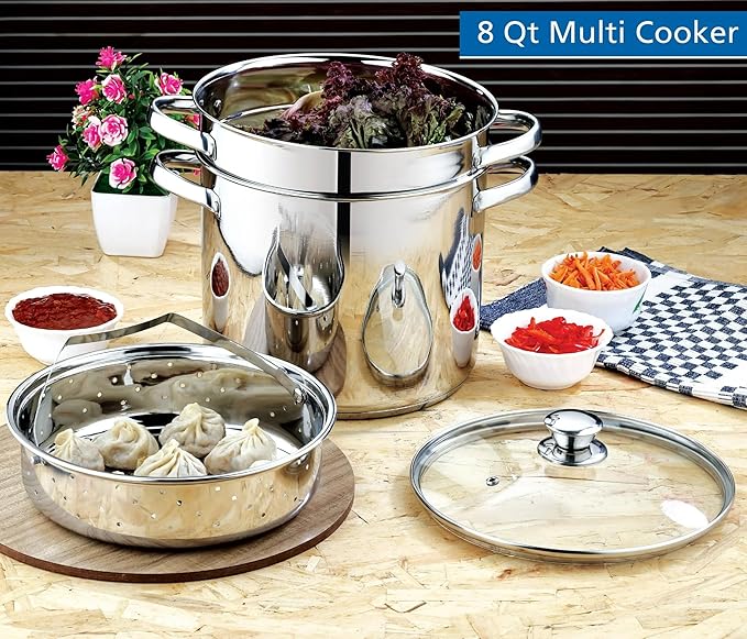 8 Qt 4-Piece Stainless Steel Multipot Set - Stock Pot with Steamer Basket, Colander & Heat-Resistant Glass Lid | Stay-Cool Handles, Durable Cookware for Large Gatherings & Daily Cooking