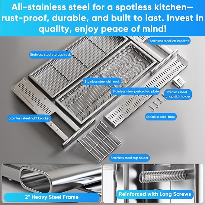 Large Over The Sink Dish Drainer Drying Rack，2 Tier Large Capacity Stainless Steel Dish Drying Rack Over Sink, Multifunctional Kitchen Organizers and Storage Dish Rack 304 Silver, Double Layer)