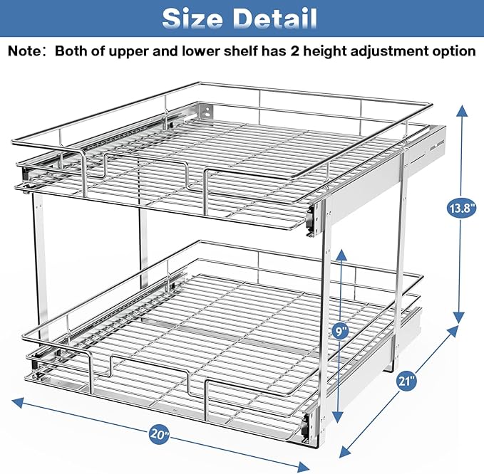 LOVMOR 2 Tier Individual Pull Out Cabinet Organizer 20" W x 21" D, Slide Out Kitchen Cabinet Storage Sliding Shelves