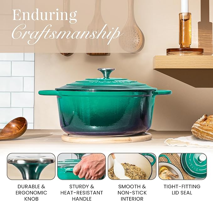 Nuovva Enamelled Cast Iron Dutch Oven Pot with Lid – 6.4 Quart Non Stick Casserole Pot – Heavy Duty & Oven Safe up to 500° F for Bread Baking, Braising, Stews, Roasting – 28cm Dark Green