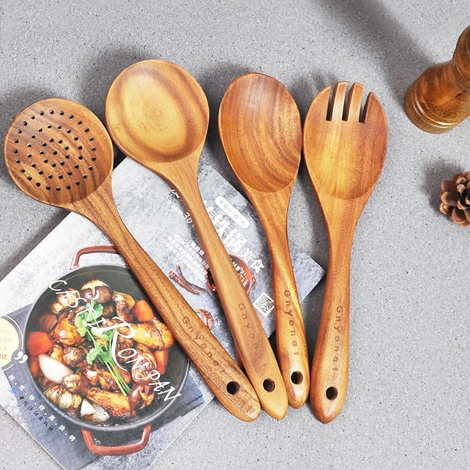 12 Pcs Wooden Spoons for Cooking with Holder, Kitchen Utensils Set Utensils Wooden Spatulas for Cooking