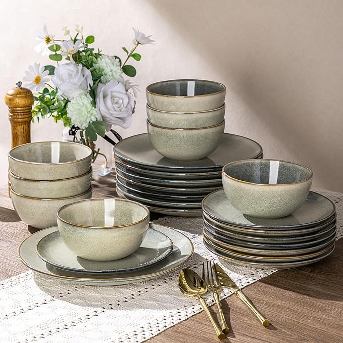 AmorArc Ceramic Dinnerware Sets for 6, 18 Pieces Handpainted Plates and Bowls Set, Scratch Resistant Stoneware Dishes Set, Dishwasher & Microwave Safe, Reactive Glaze