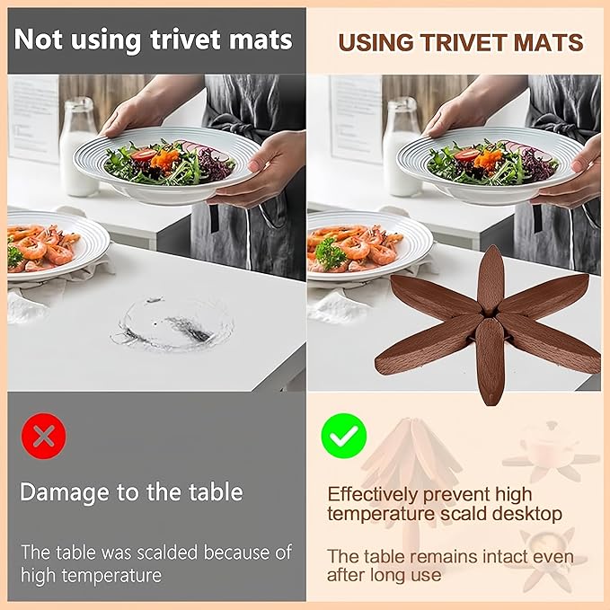 Wooden Trivets for Hot Dishes，Natural Tree Trivet Set，4 Walnut Wood + 1 Stand stored Like a Christmas Tree.Wooden Tree Coasters,Trivets for Hot Pots and Pans.