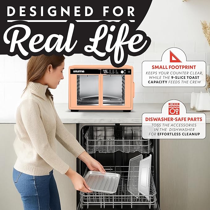 Gourmia French Door Digital Air Fryer Oven - XL 37QT Capacity, 12 Presets, FryForce 360° Tech, Dehydrate, Proof, Slow Cook, Fits 13” Pizza, 1700W, Peach