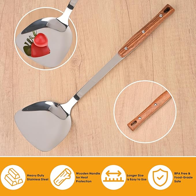 FJNATINH Kitchen Utensils Set, Wok Spatulas, Ladle, Skimmer Spoon, Slotted Turners, Heat Resistant Stainless Steel Wok Tools for Serving, Cooking, Stirring, 4Pcs