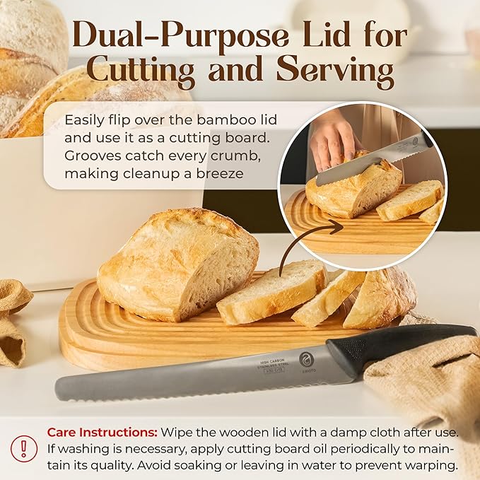 Extra Large Bread Box for Kitchen Countertop with 2 Bread Bags - Sturdy Modern Construction, Ribbed Design Keeps Bread Fresh Longer - Large Sourdough Bread Box with Cutting Board Lid (Black)