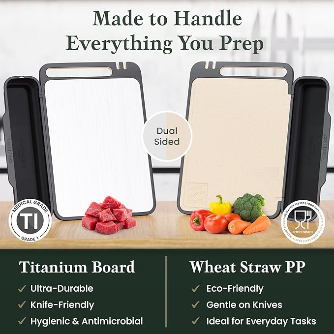 PURE-PREP Titanium Cutting Boards for Kitchen - Double Sided Cutting Board Pure Titanium/Wheat Straw PP with Collapsible Catch, Grater and Knife Sharpener - Metal Chopping Board Large 16” x 11”