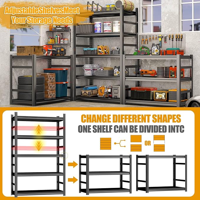 Storage Shelves, 5-Tier Metal Shelving, Garage Shelve 40''W*14''D*63''H Adjustable, Double-Layer Column with Reinforced Ribs, 3020 lbs Heavy-Duty for Kitchens, Living Rooms& Garages